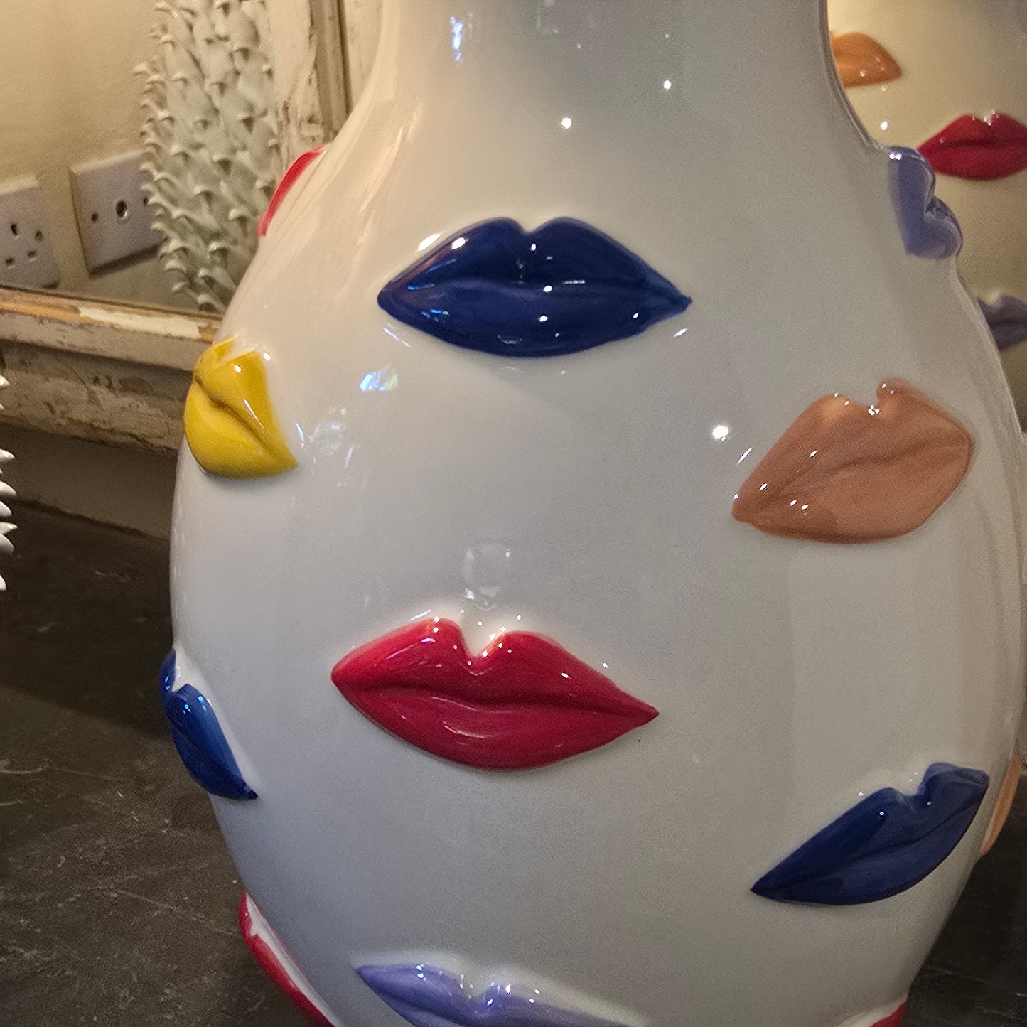 Kiss Me - Cream Ceramic Vase With Multi Coloured Lips