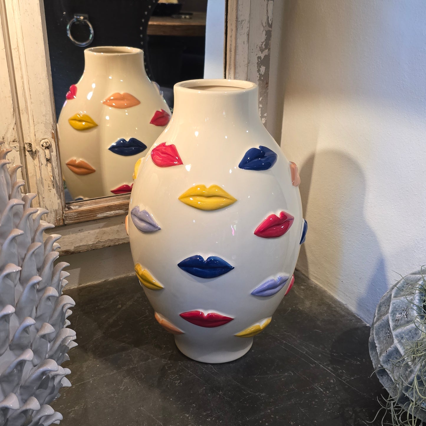 Kiss Me - Cream Ceramic Vase With Multi Coloured Lips