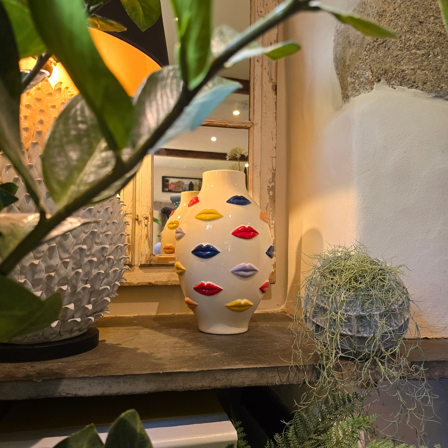 Kiss Me - Cream Ceramic Vase With Multi Coloured Lips