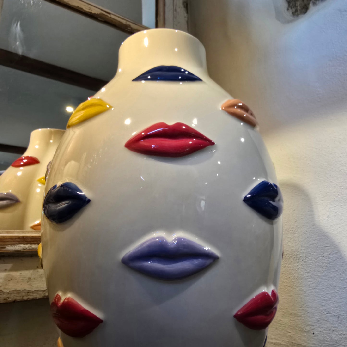 Kiss Me - Cream Ceramic Vase With Multi Coloured Lips