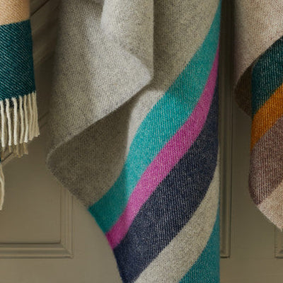 Ocean Breeze Turquoise & Pink Stripe Wool Blanket / Throw
