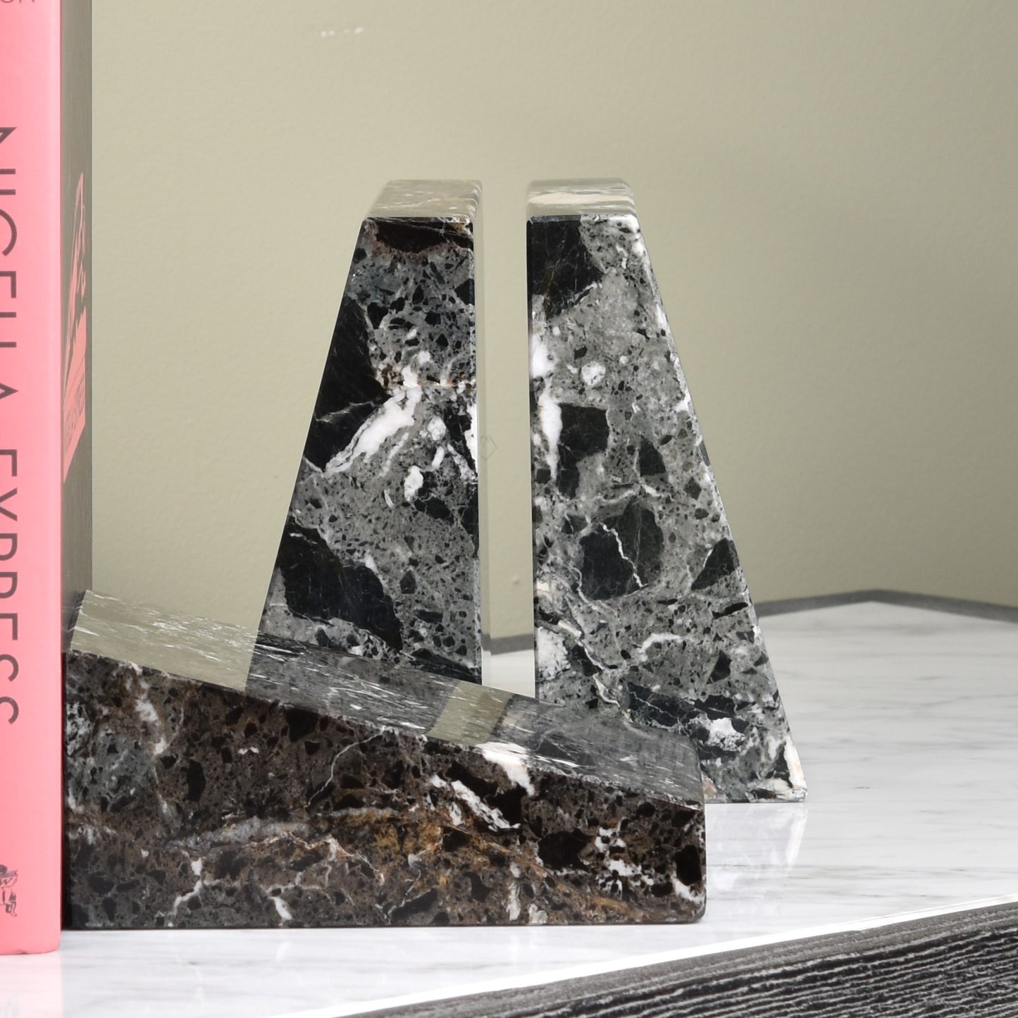 Solid Marble Bookends - Black Zebra Marble
