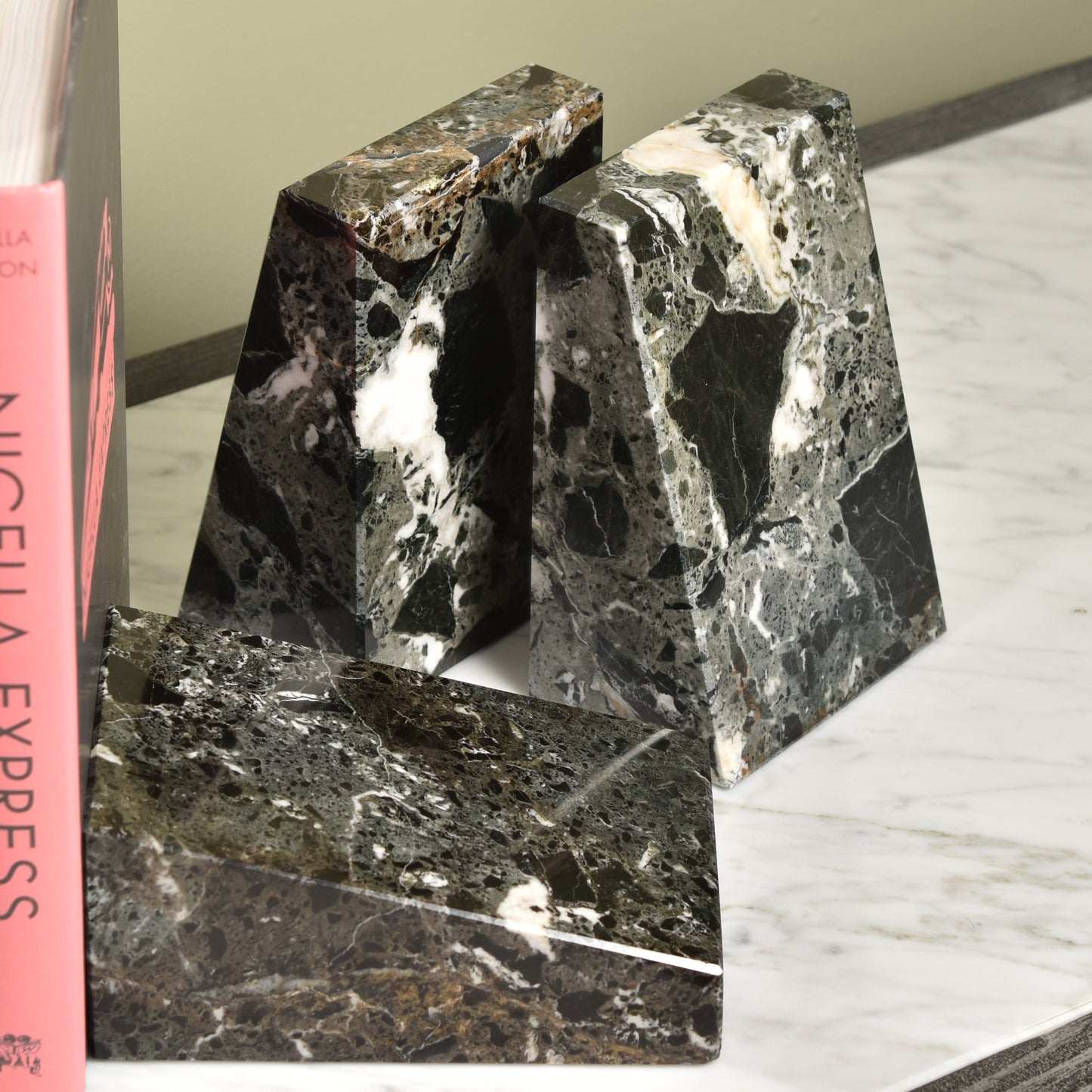 Solid Marble Bookends - Black Zebra Marble