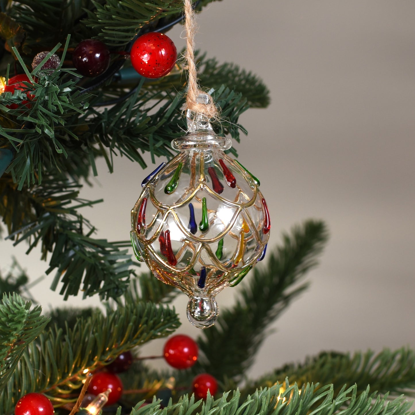 Festive Swag Handblown Glass Bauble - Multi Colour & Gold - Small