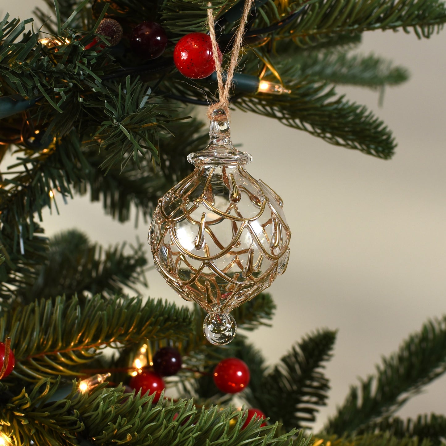 Festive Swag Handblown Glass Bauble - Clear & Gold - Small