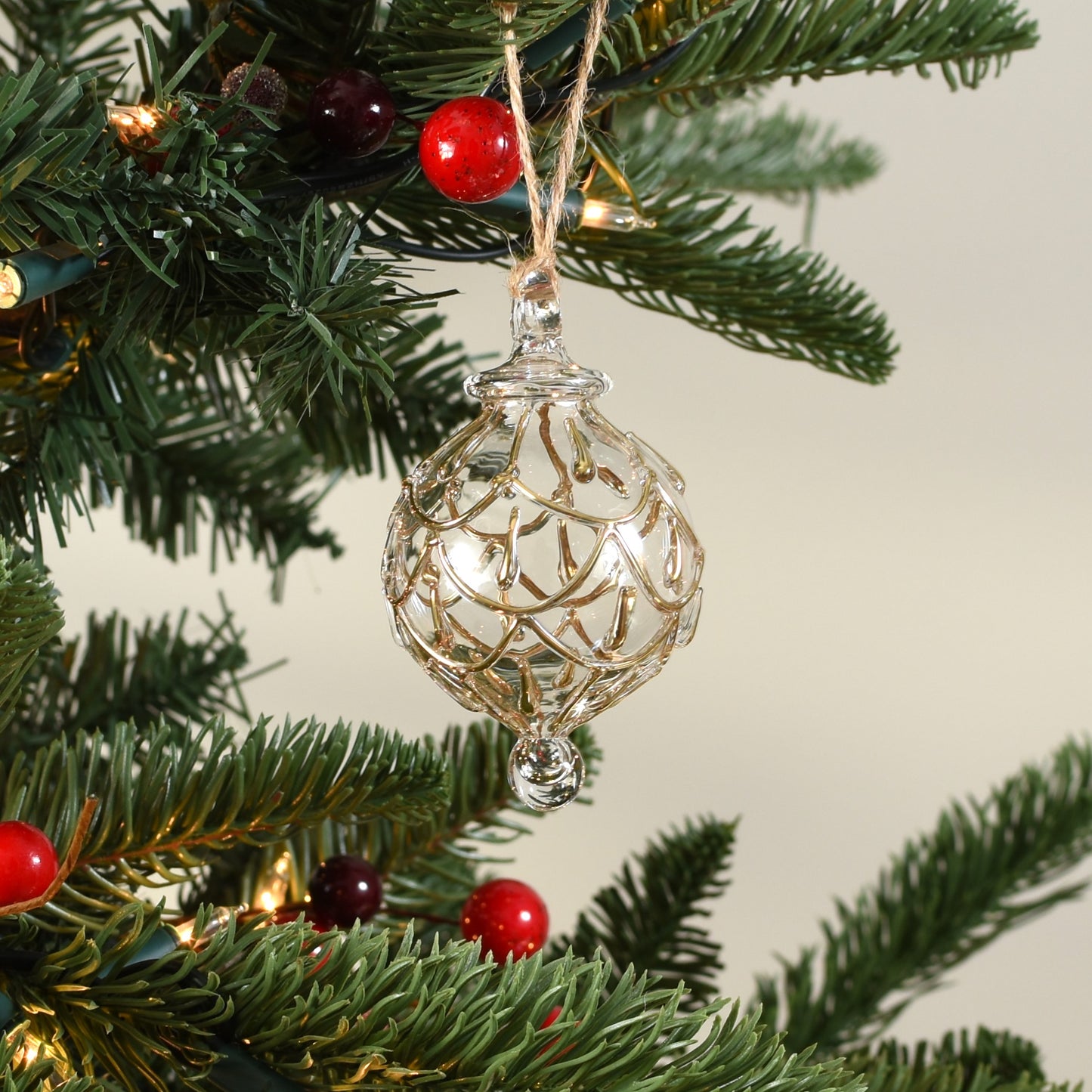 Festive Swag Handblown Glass Bauble - Clear & Gold - Small