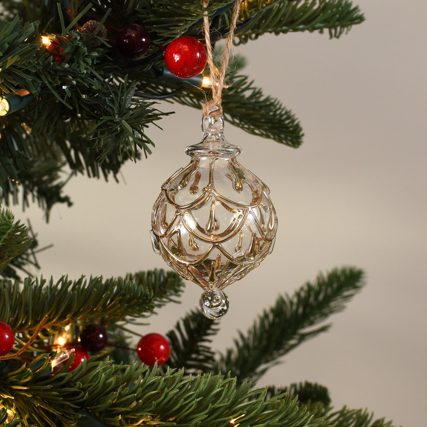 Festive Swag Handblown Glass Bauble - Clear & Gold - Small