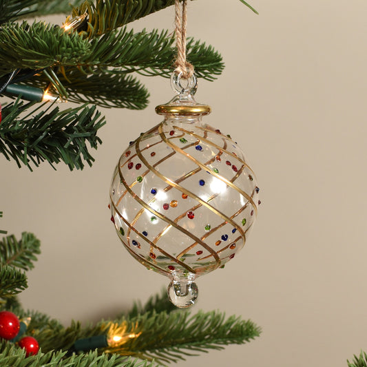Ribbons Handblown Glass Bauble - Gold & Multi Dots - Large