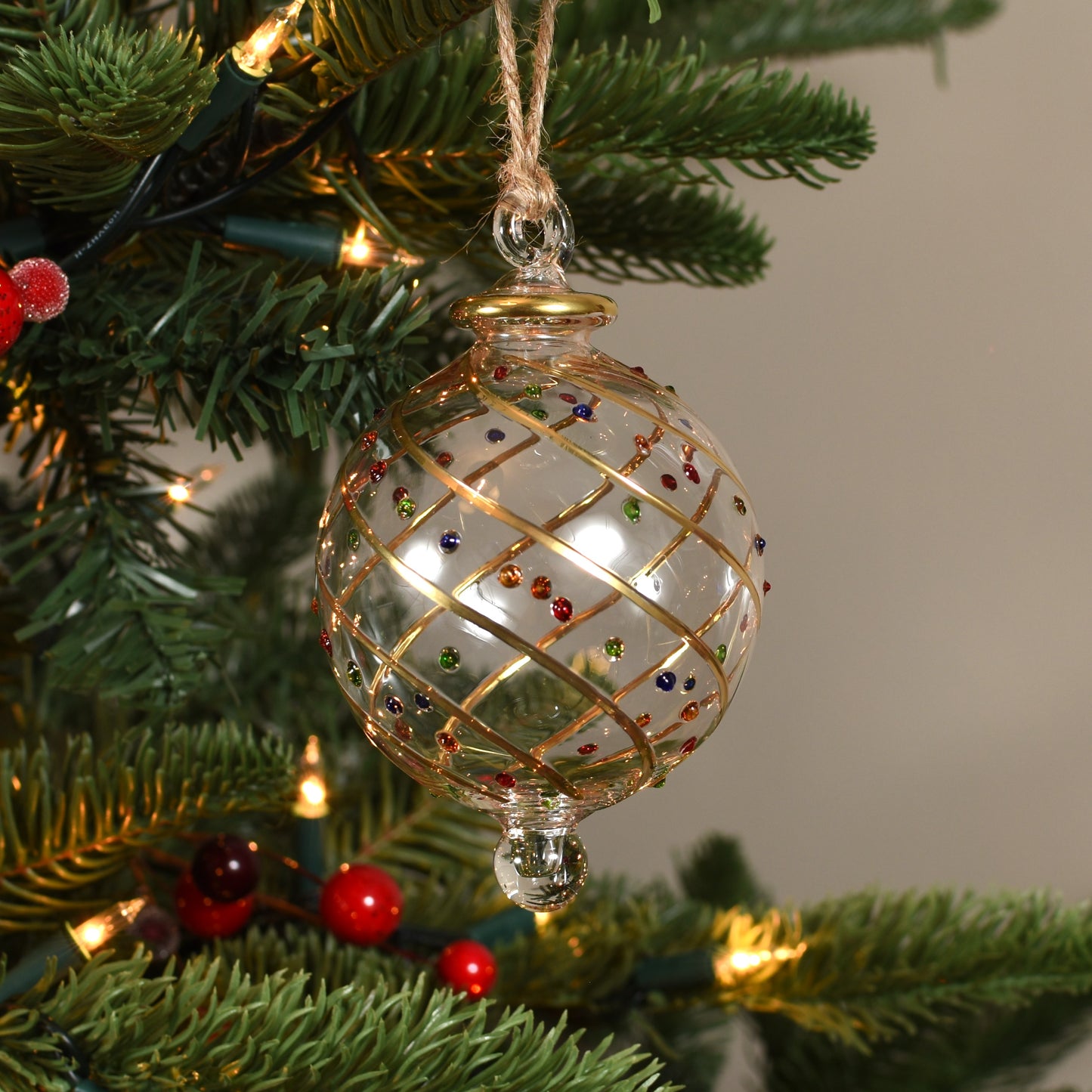 Ribbons Handblown Glass Bauble - Gold & Multi Dots - Large