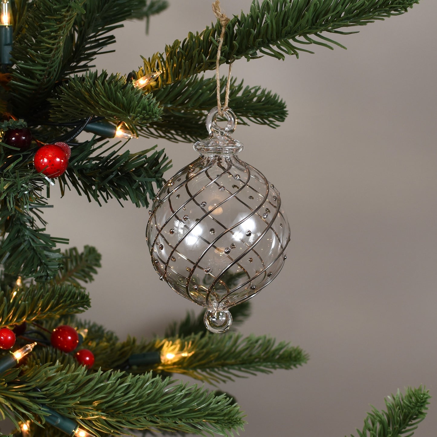 Ribbons Handblown Glass Bauble - Clear & Silver - Large