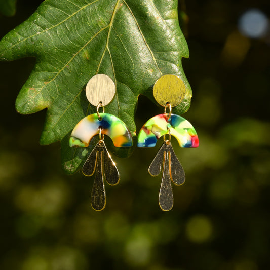 Faye Hanging Droplet Resin Earring - Tropical Greens & Pinks