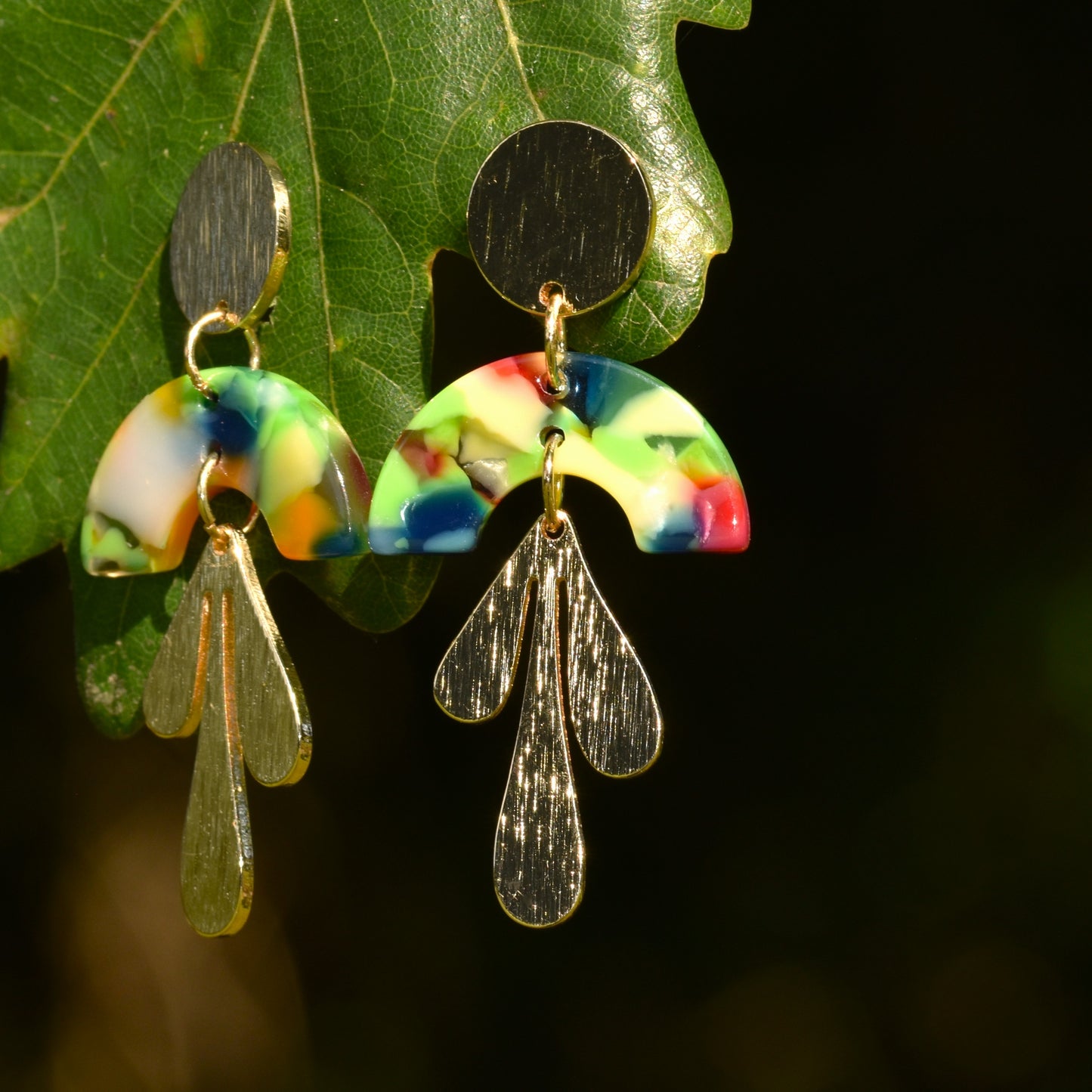 Faye Hanging Droplet Resin Earring - Tropical Greens & Pinks