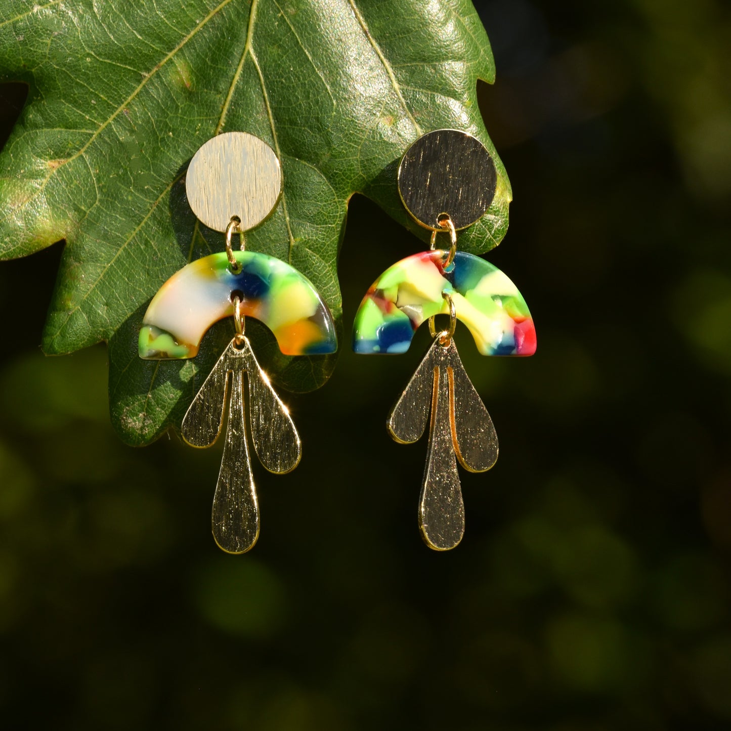 Faye Hanging Droplet Resin Earring - Tropical Greens & Pinks