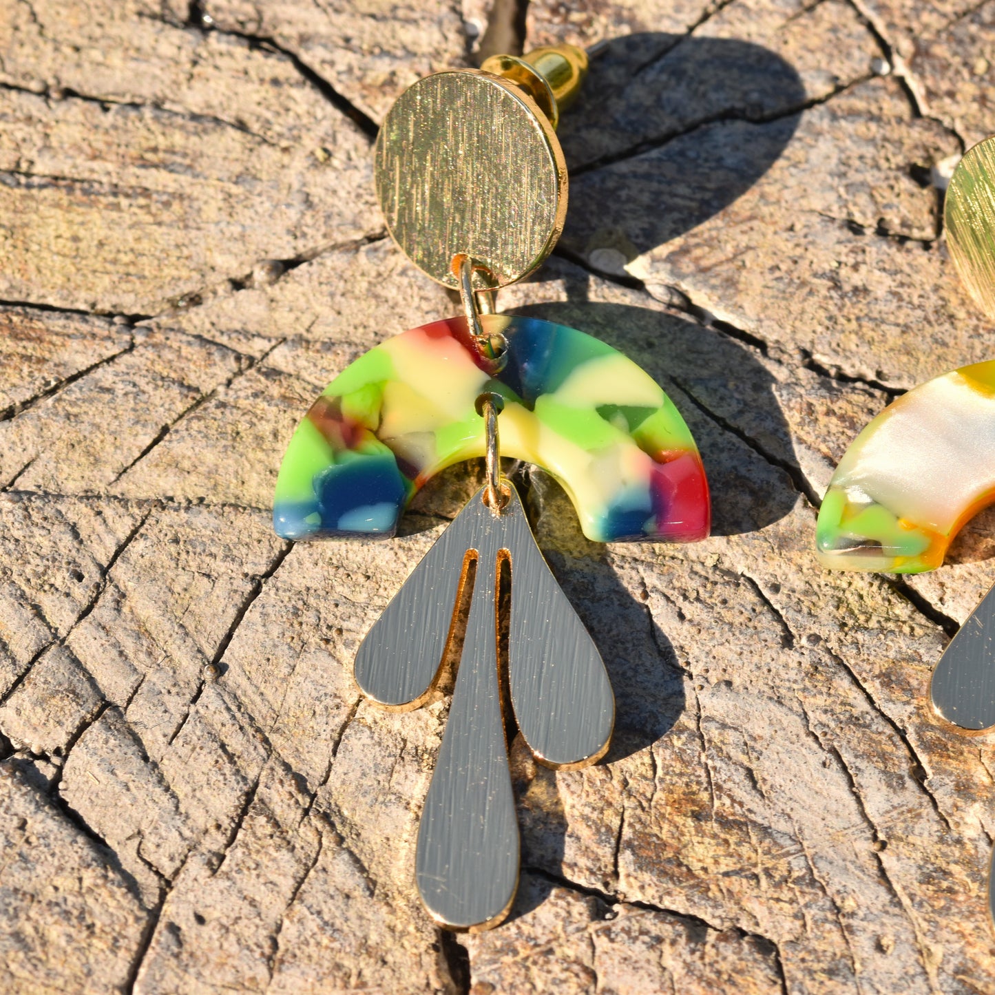 Faye Hanging Droplet Resin Earring - Tropical Greens & Pinks