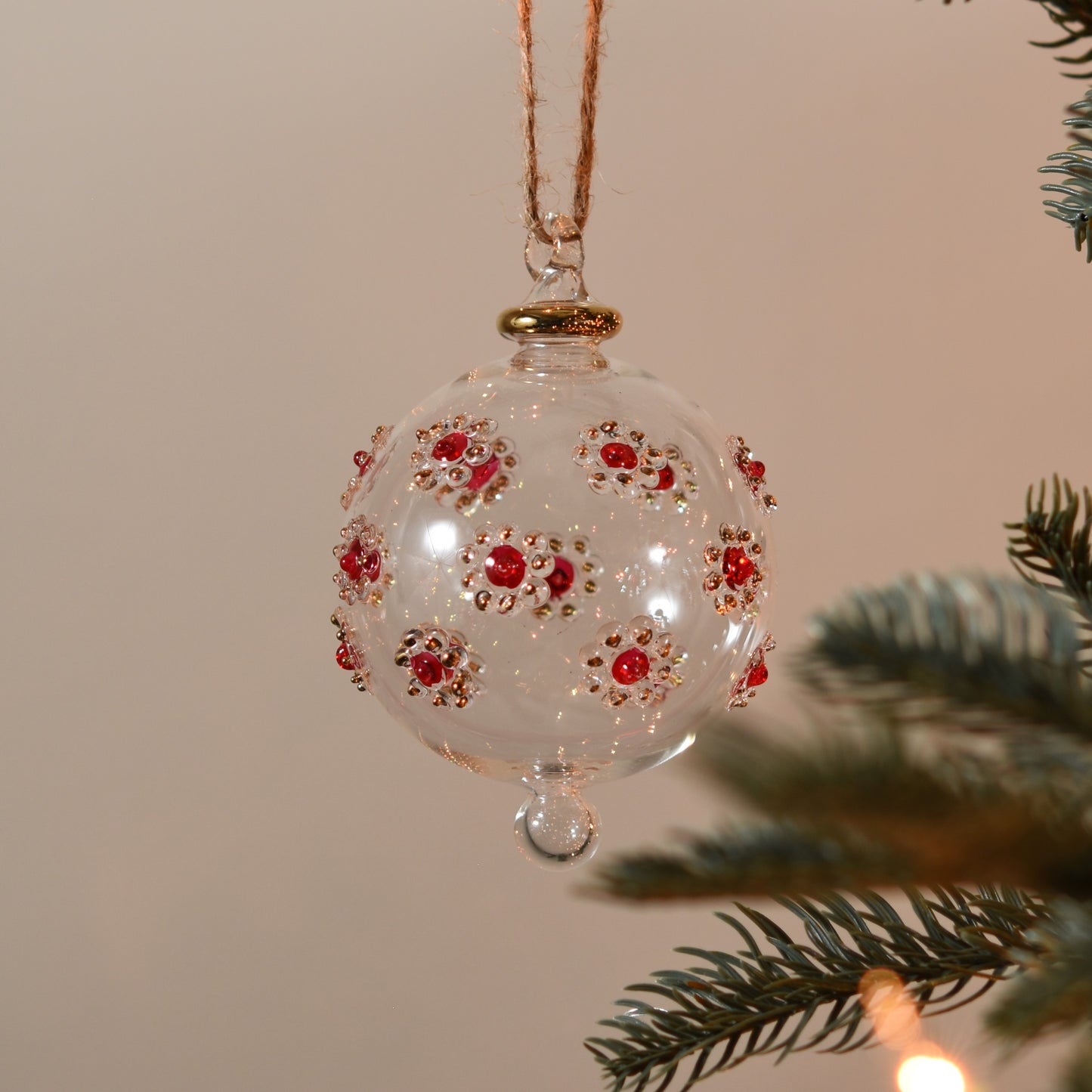 Flower Handblown Glass Bauble - Red & Gold - Large