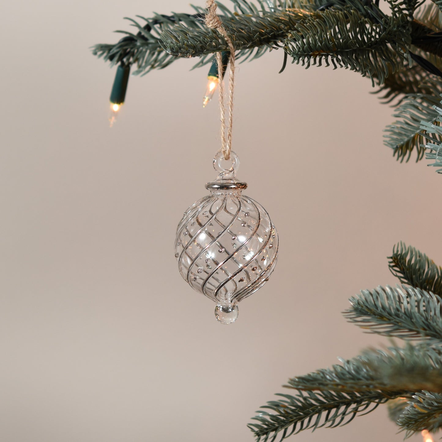 Ribbons Handblown Glass Bauble - Clear & Silver - Small