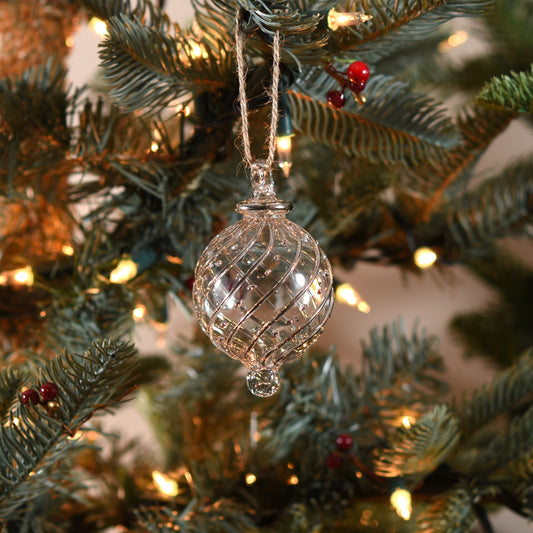 Ribbons Handblown Glass Bauble - Clear & Silver - Small