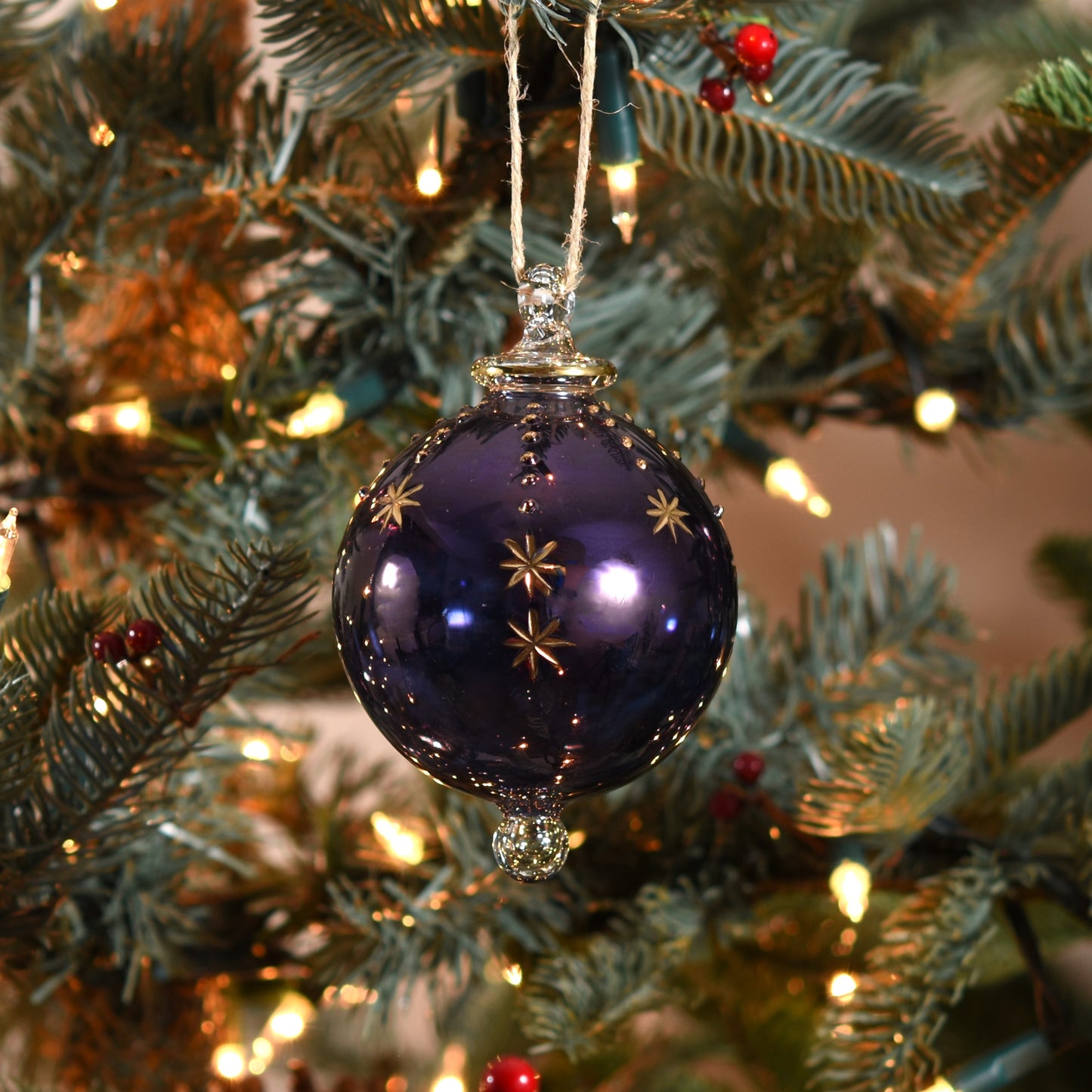 Snowfall Handblown Glass Bauble - Purple - Large
