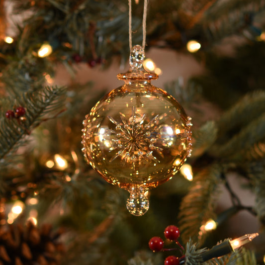 Snowflake Handblown Glass Bauble - Amber - Large