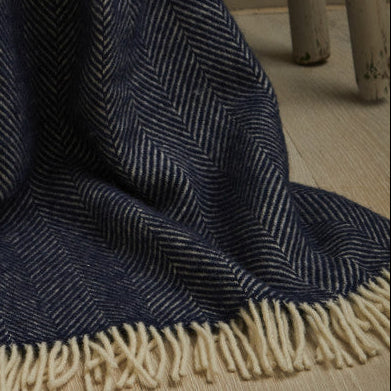 Navy Blue Fishbone Pure Wool Throw