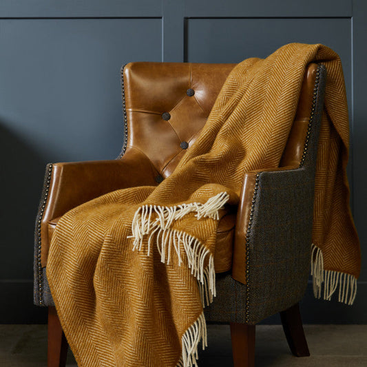 English Mustard Fishbone Pure Wool Throw / Blanket