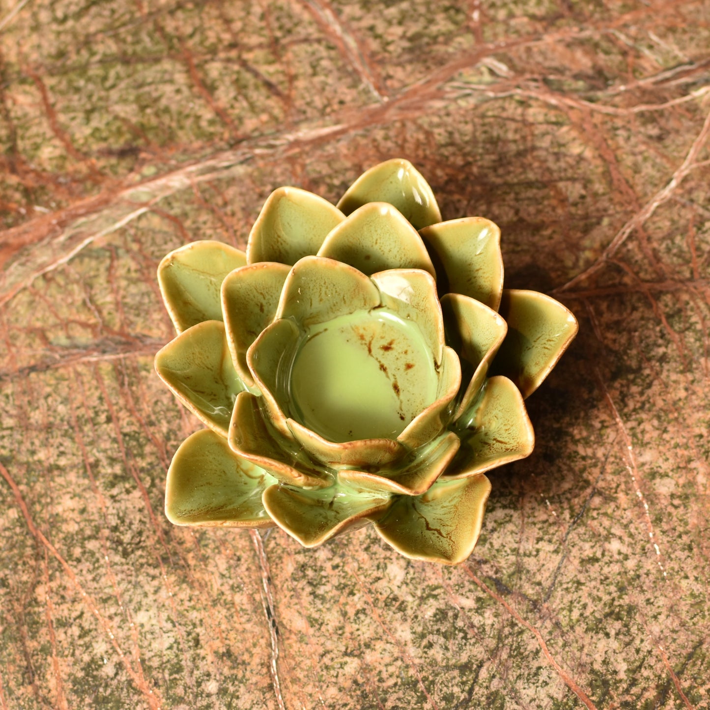 Green & Brown Flower T Light Holders - Pair