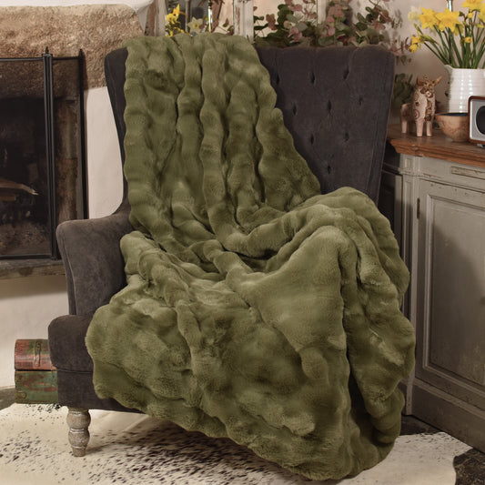 Faux Rabbit Fur Throw - Olive Green