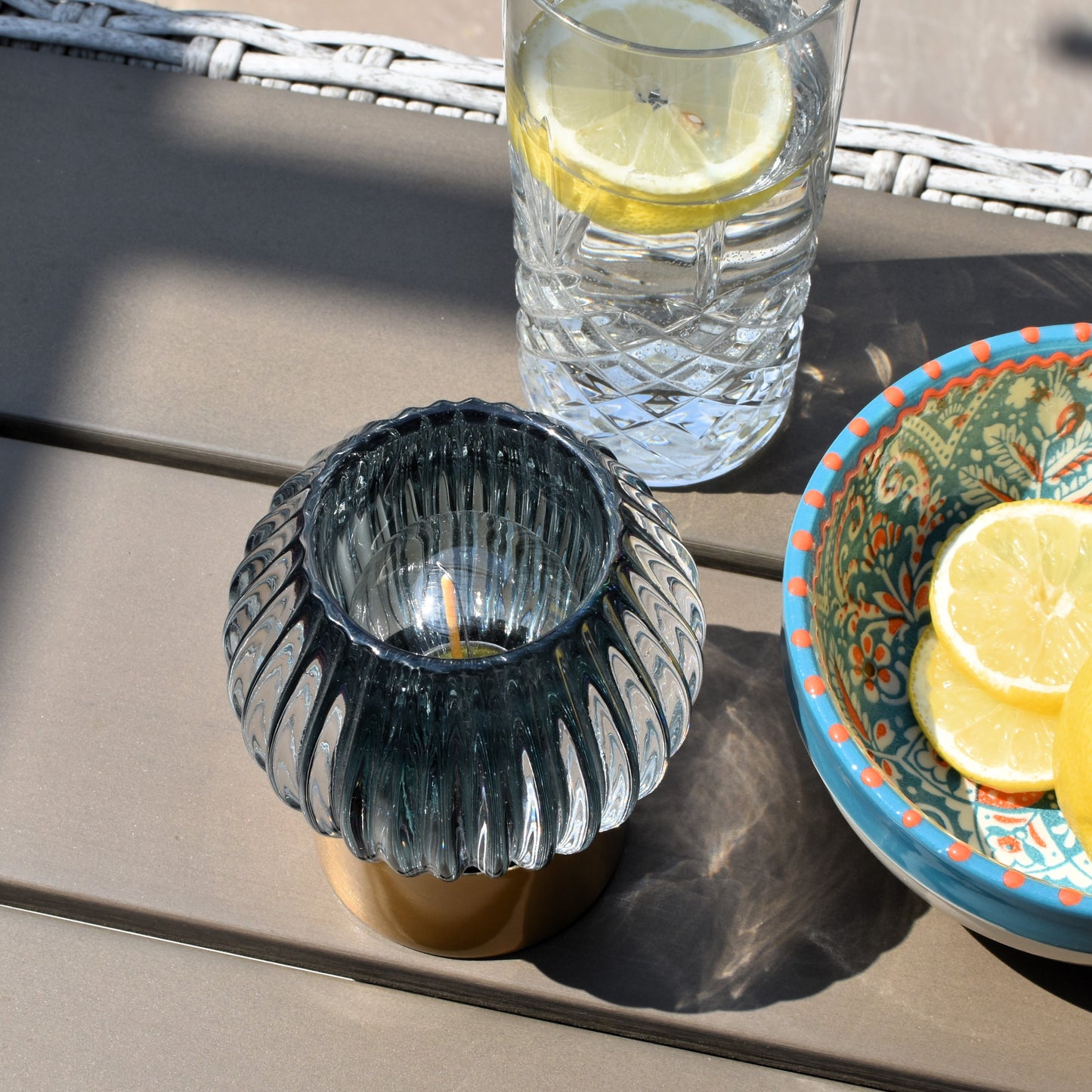 Ribbed Design Glass LED Battery Light - Smoky Blue