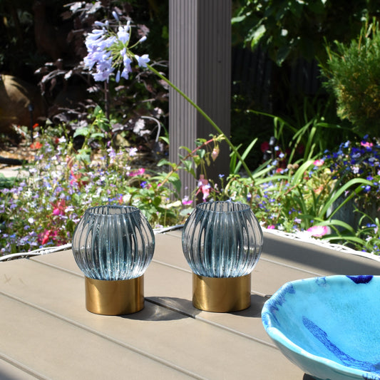 Ribbed Design Glass LED Battery Light - Smoky Blue