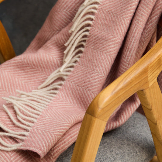 Dusky Pink & Pearl Herringbone Wool Throw / Blanket
