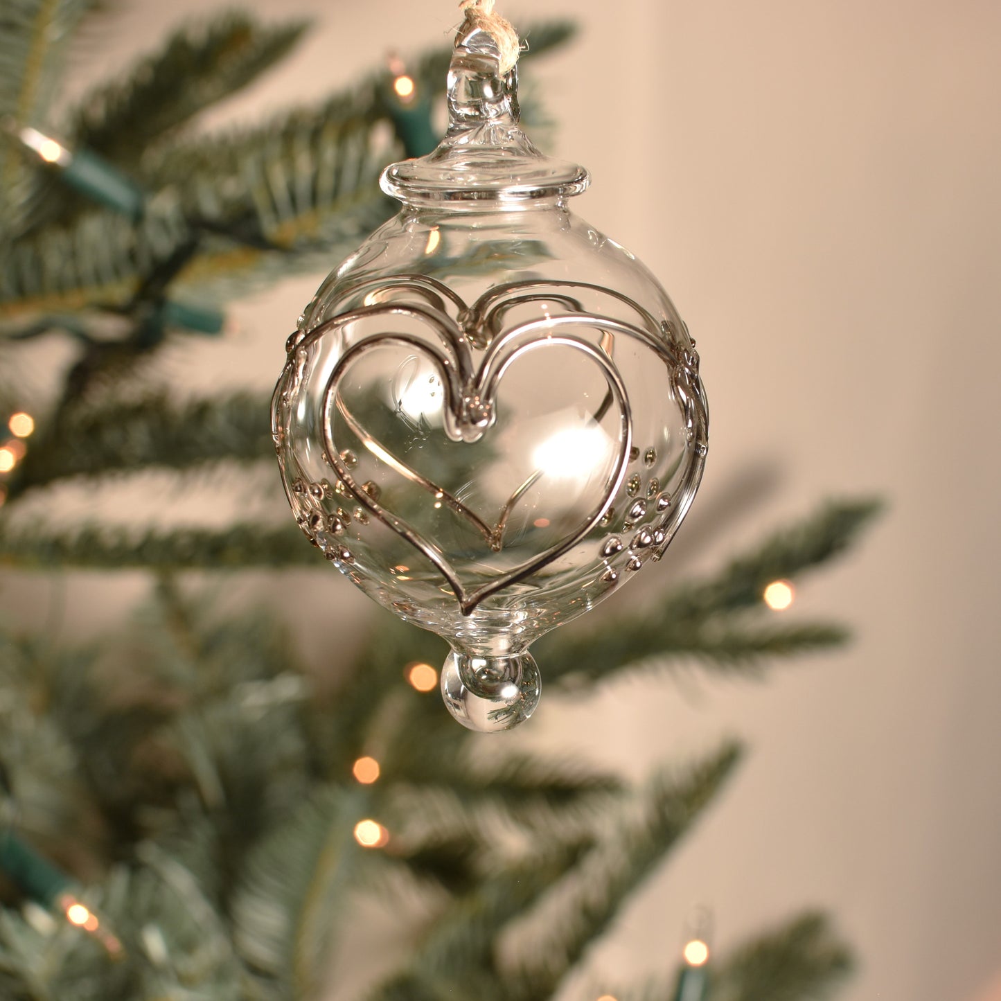 Love Heart Handblown Glass Bauble - Silver & Clear - Small