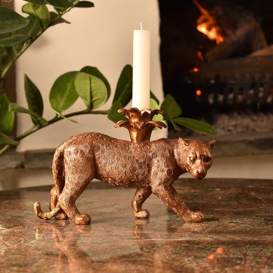 Aged gold leopard candle stick