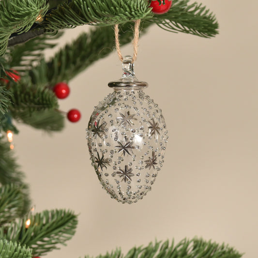 Night Sky Egg Handblown Glass Bauble - Silver & Clear - Large