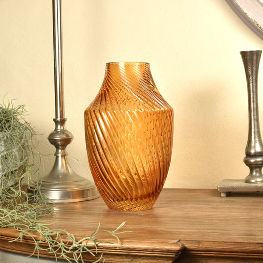 Mustard Glass Twist Vase - Small Rich Amber