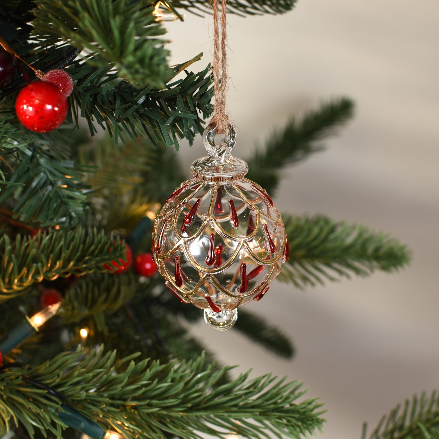 Festive Swag Handblown Glass Bauble - Red & Gold - Small