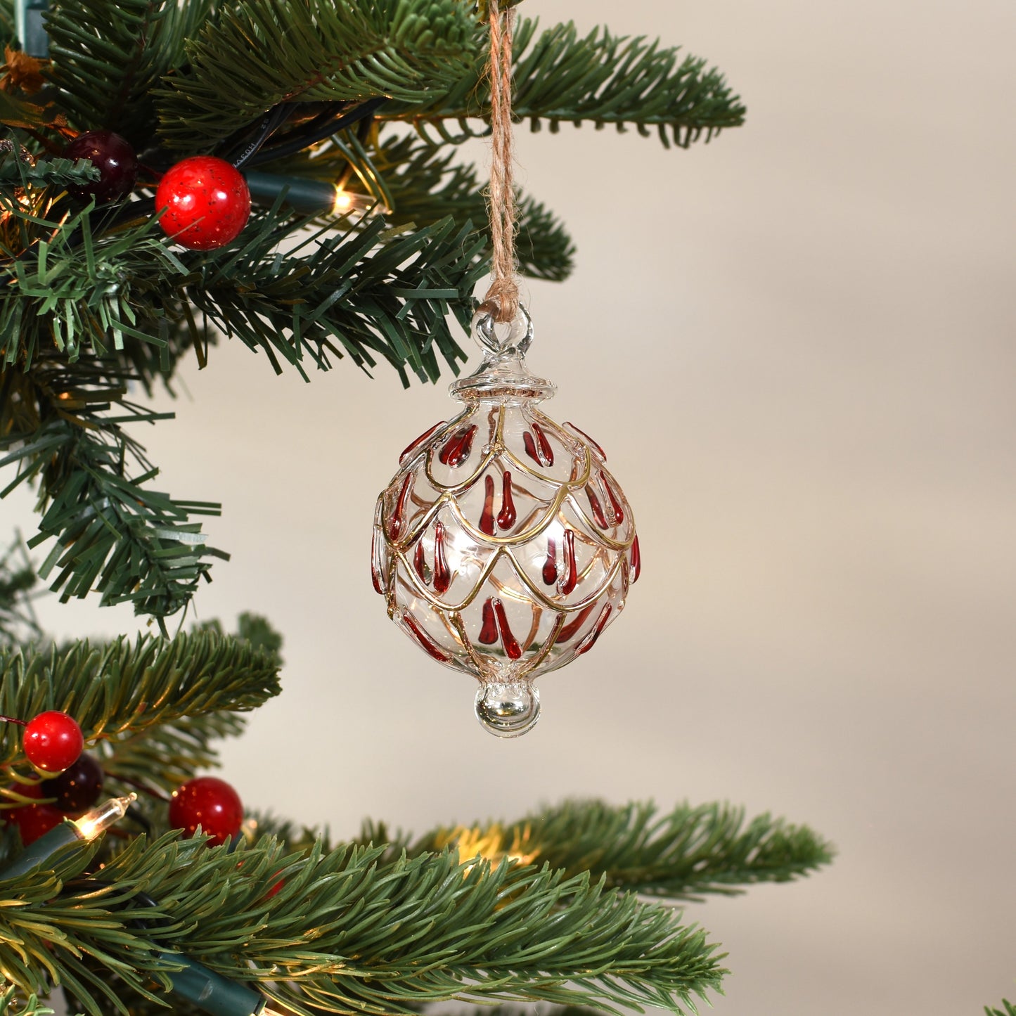 Festive Swag Handblown Glass Bauble - Red & Gold - Small