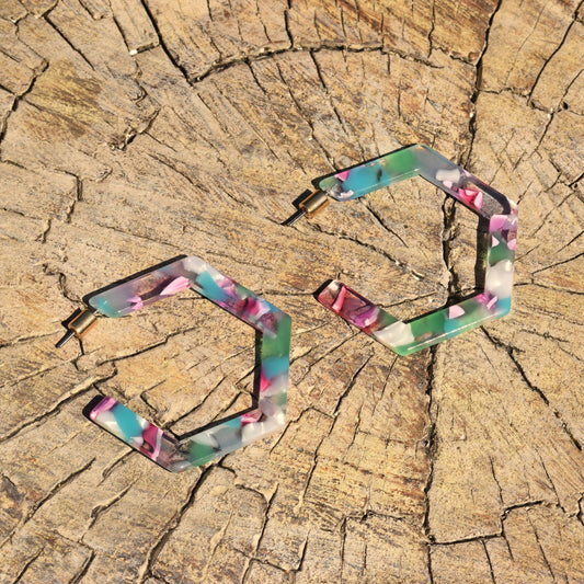 Hexagonal Resin Hoop Earring - Green & Pinks