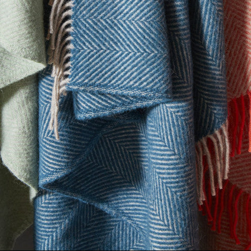 Teal Blue & Hazel Herringbone Wool Throw / Blanket