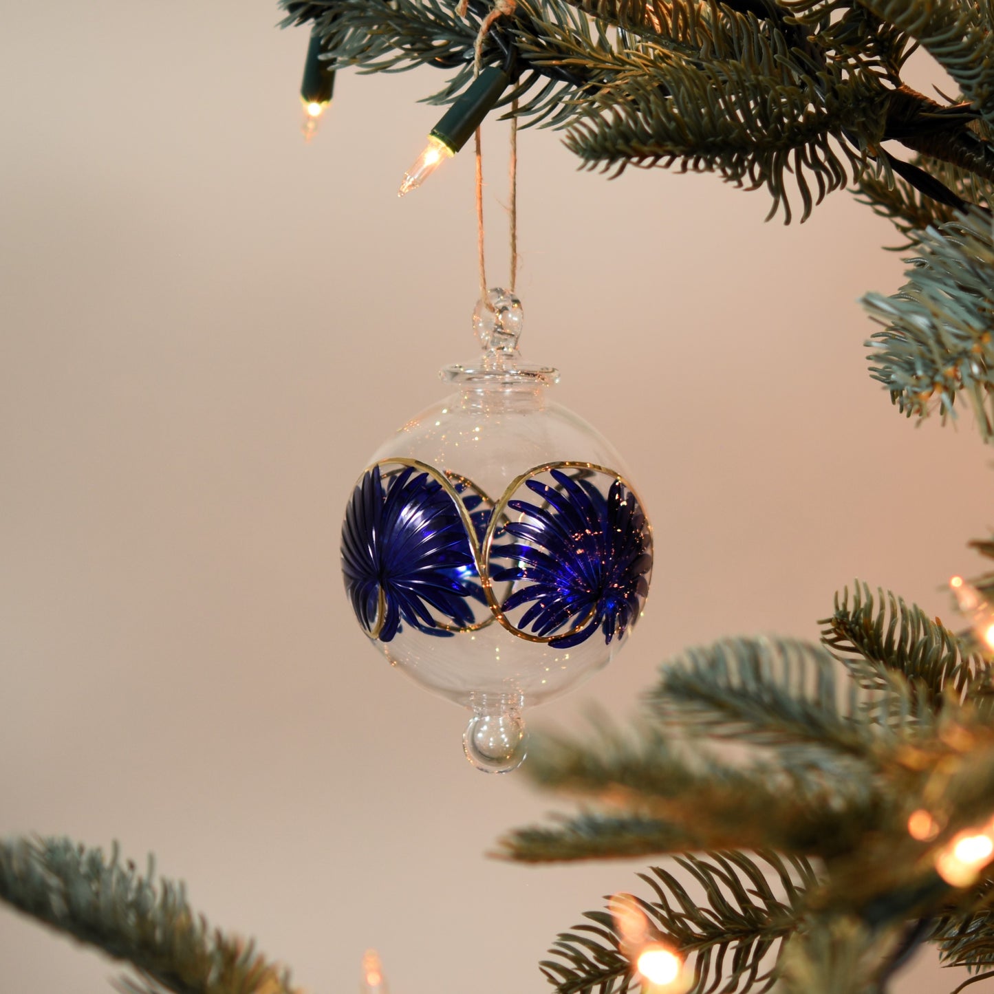 Palm Handblown Glass Bauble - Blue & Gold - Large