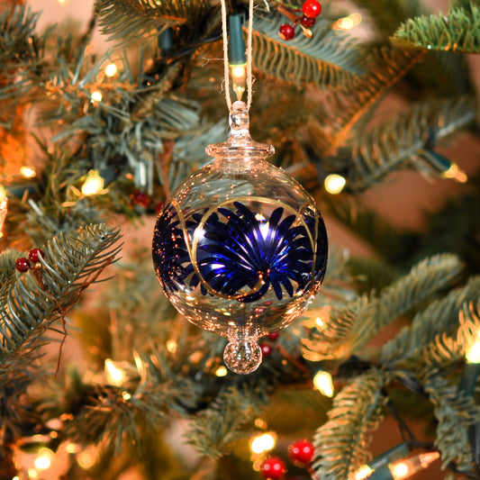Palm Handblown Glass Bauble - Blue & Gold - Large