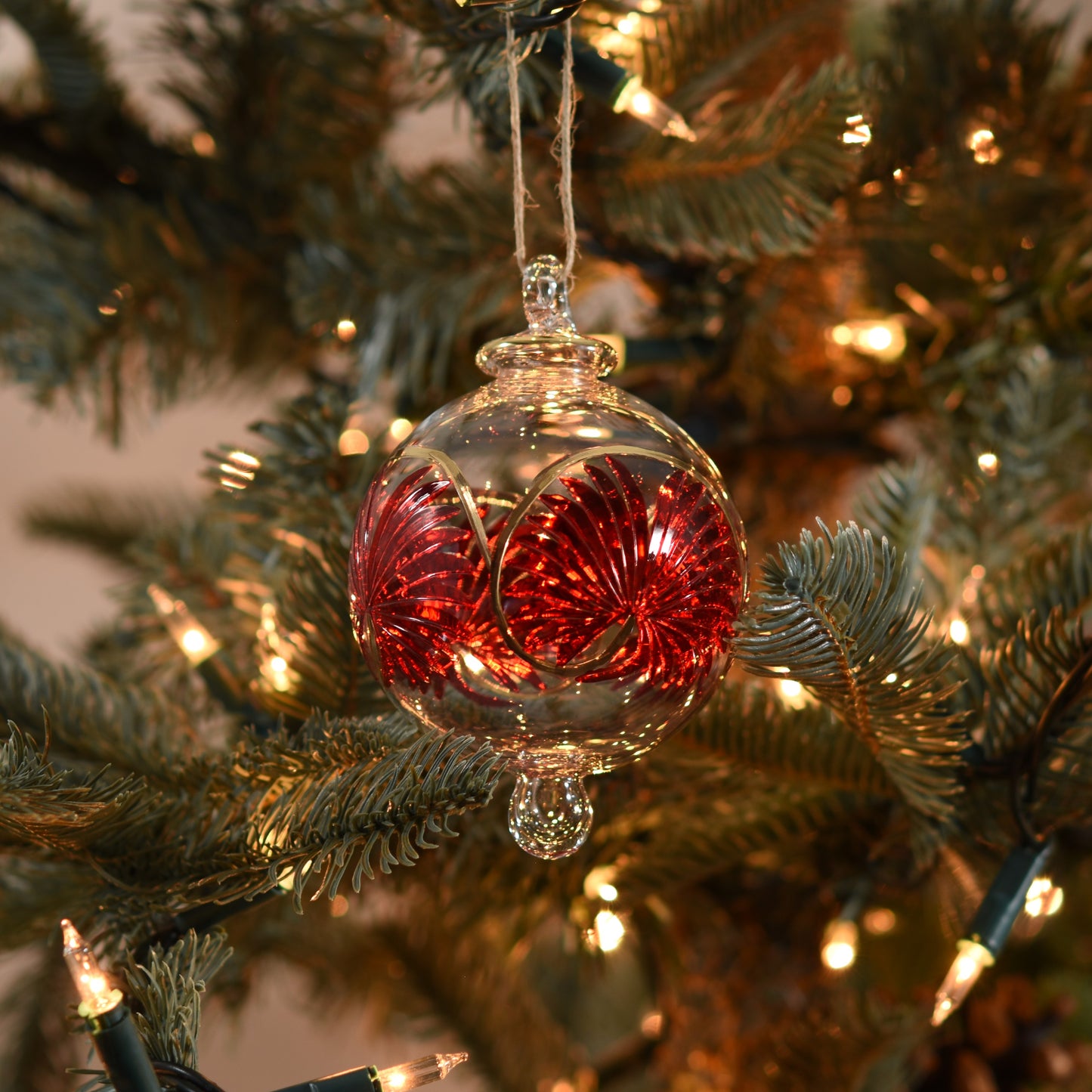 Palm Handblown Glass Bauble - Red & Gold - Large