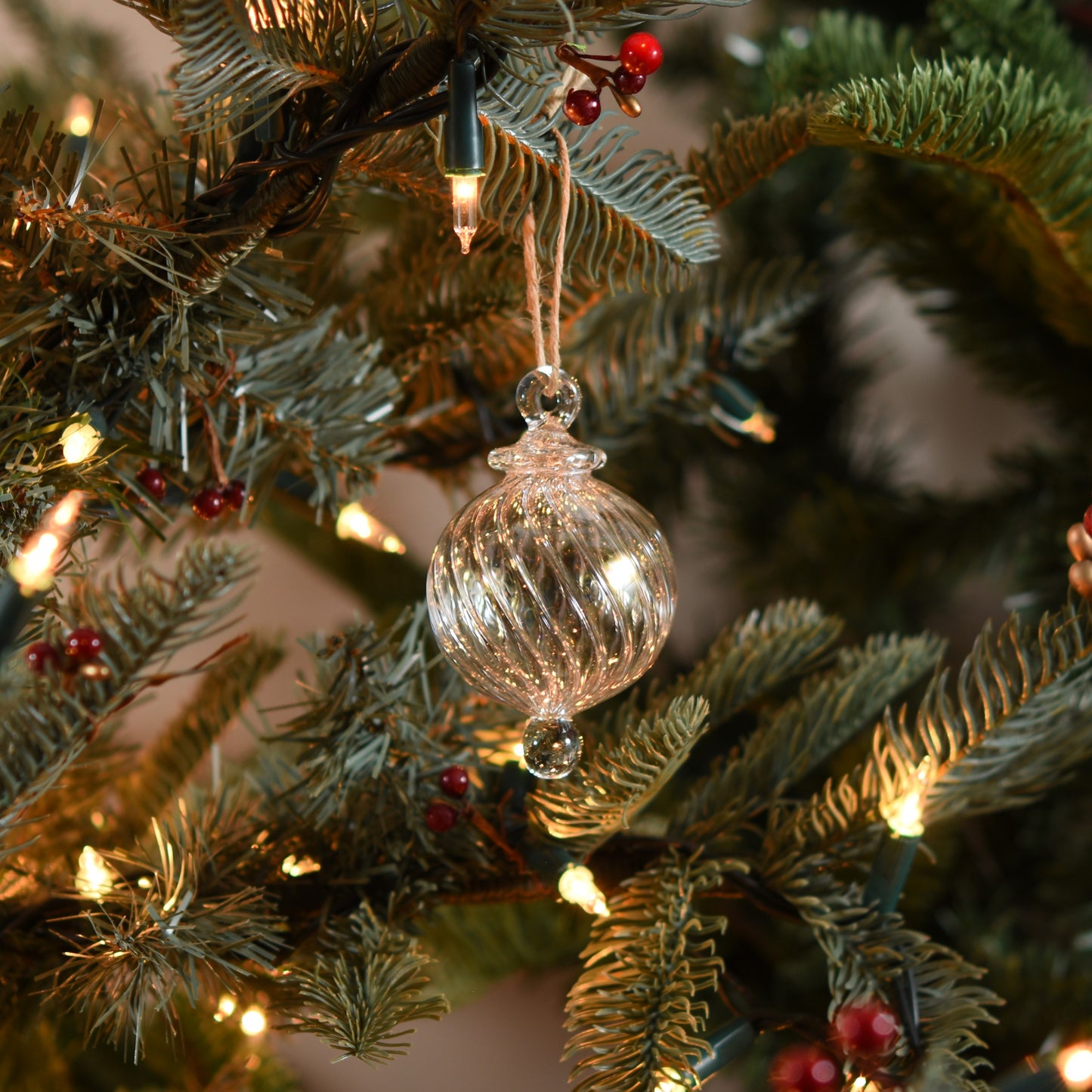 Spiral Handblown Glass Bauble - Clear Iridescent - Small
