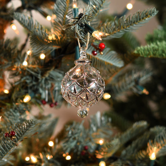 Festive Swag Handblown Glass Bauble - Clear & Silver - Small