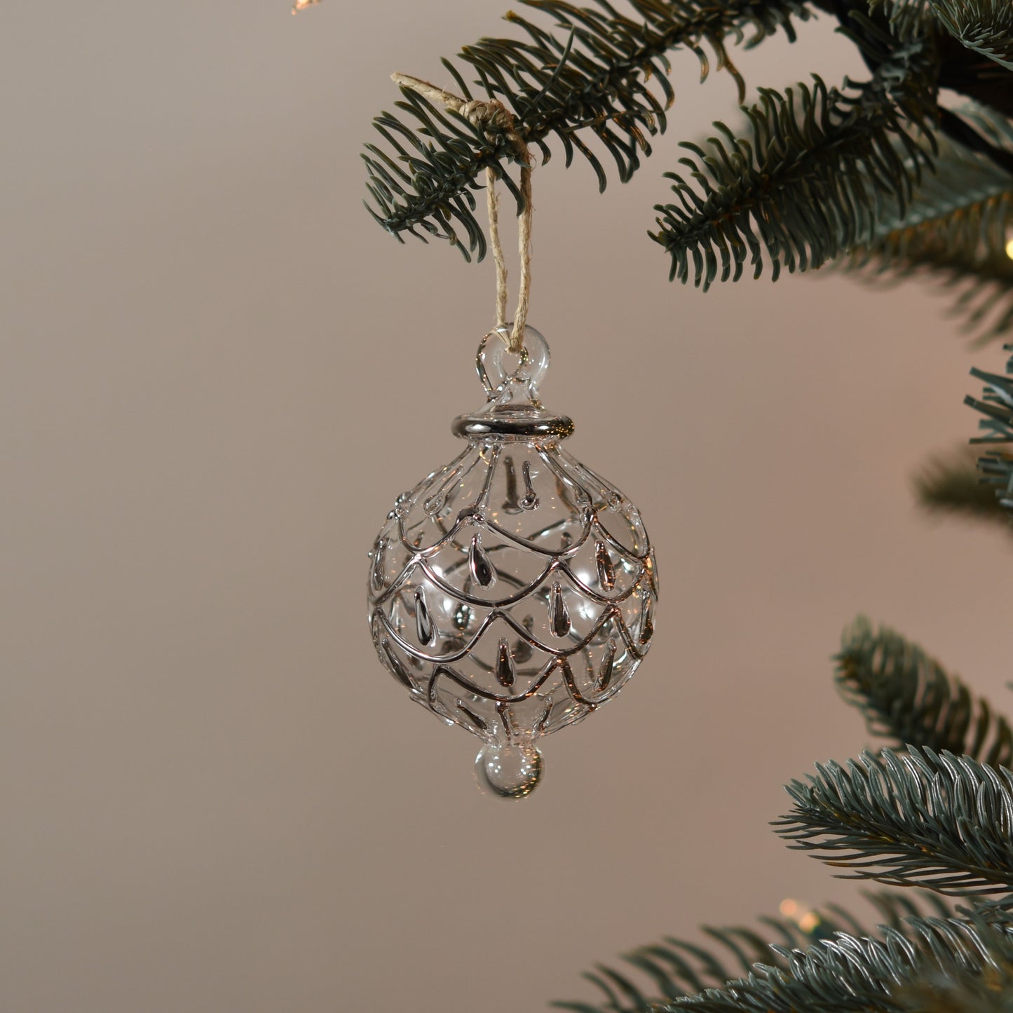 Festive Swag Handblown Glass Bauble - Clear & Silver - Small