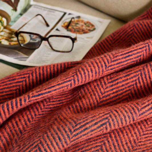 Flamingo Pink & Navy Herringbone Wool Blanket / Throw