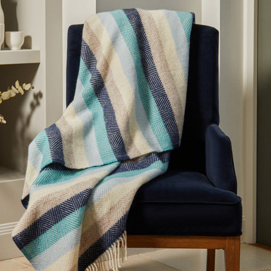 Coastal Stripe Blue & Beige Wool Blanket / Throw