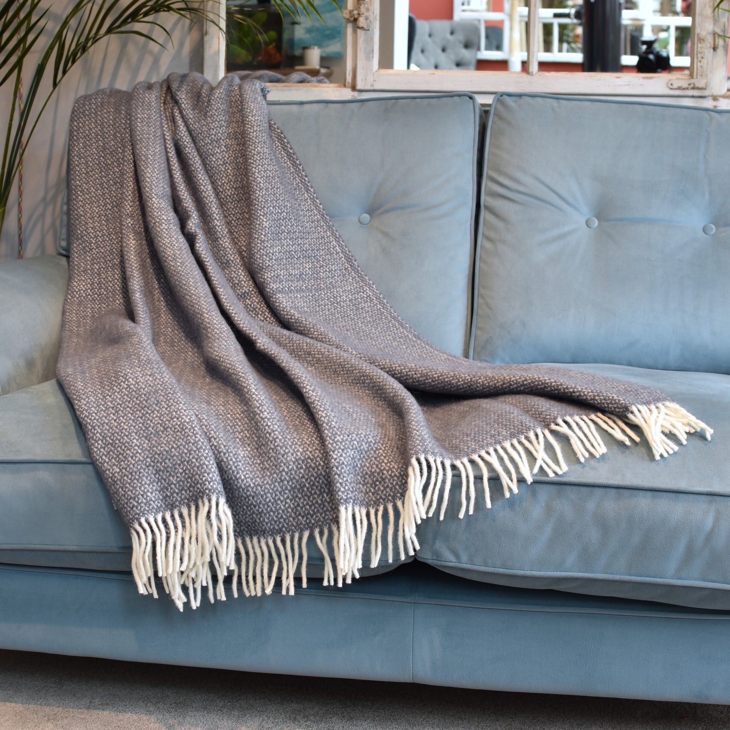 Slate Grey & Off White Windmill Pure Wool Throw