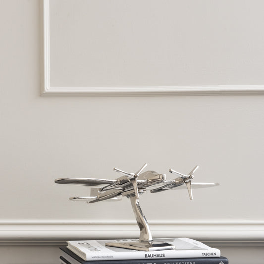 Twin Prop Silver Aluminium Aeroplane Sculpture