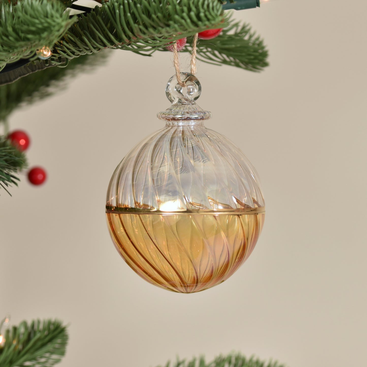 Two Tone Spiral Egyptian Glass Bauble - Clear & Amber - Large
