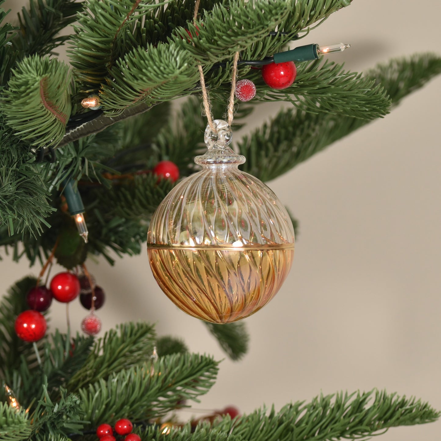 Two Tone Spiral Egyptian Glass Bauble - Clear & Amber - Large